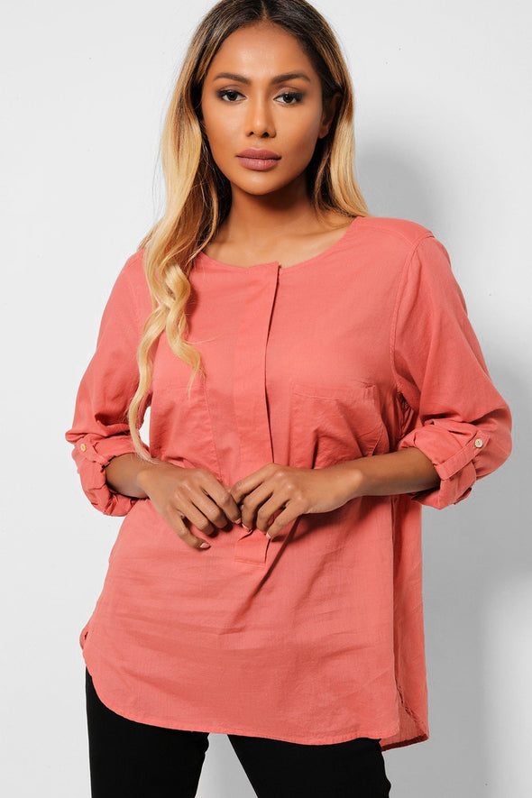 Washed Coral Roll-Up Sleeves Cotton Shirt