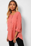 Washed Coral Roll-Up Sleeves Cotton Shirt