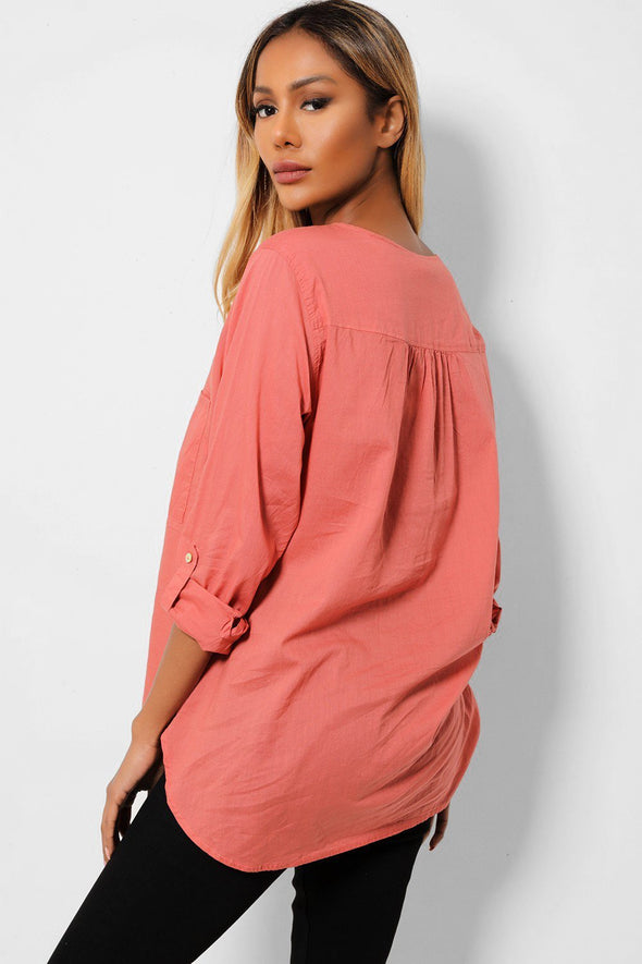 Washed Coral Roll-Up Sleeves Cotton Shirt