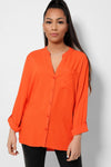 Orange Button Front Roll-Up Sleeves Lightweight Shirt