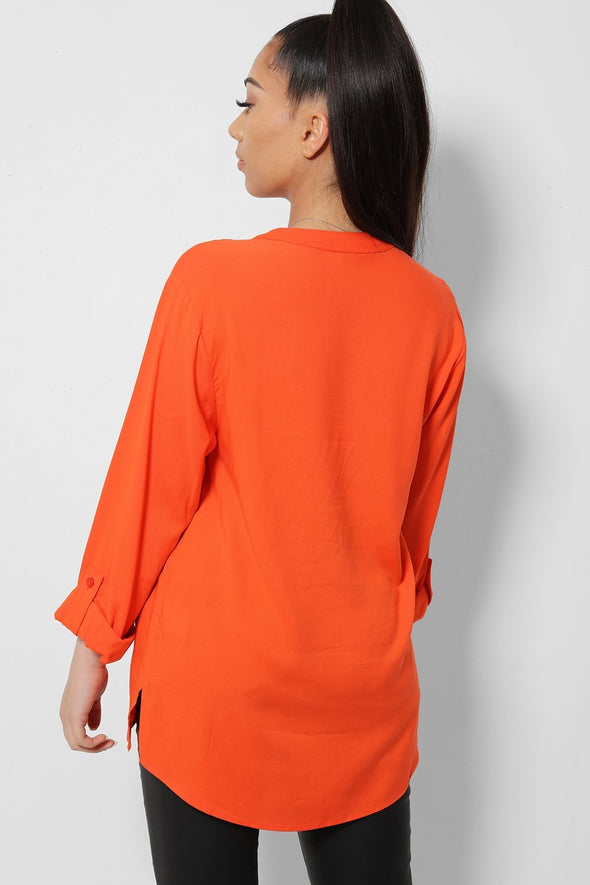 Orange Button Front Roll-Up Sleeves Lightweight Shirt