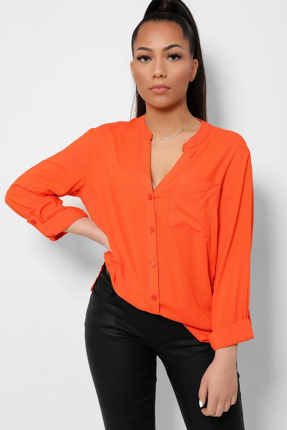 Orange Button Front Roll-Up Sleeves Lightweight Shirt