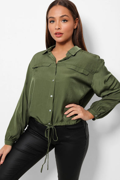 Khaki Lightweight Drawstring Hem Crop Shirt