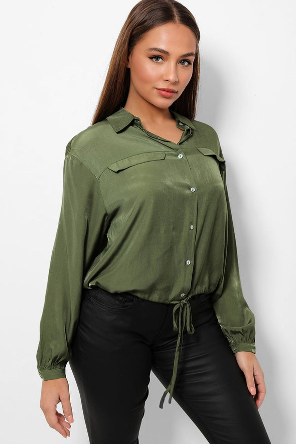 Khaki Lightweight Drawstring Hem Crop Shirt