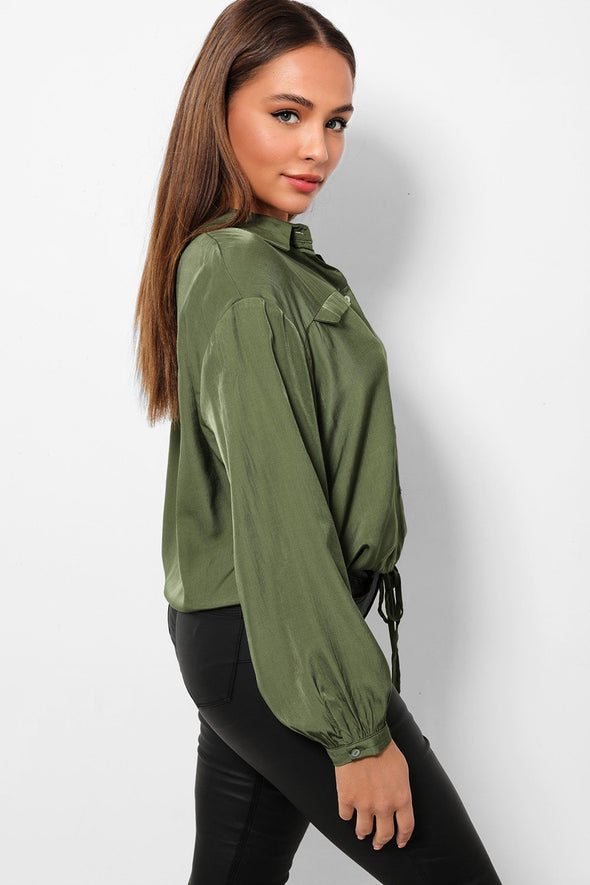 Khaki Lightweight Drawstring Hem Crop Shirt