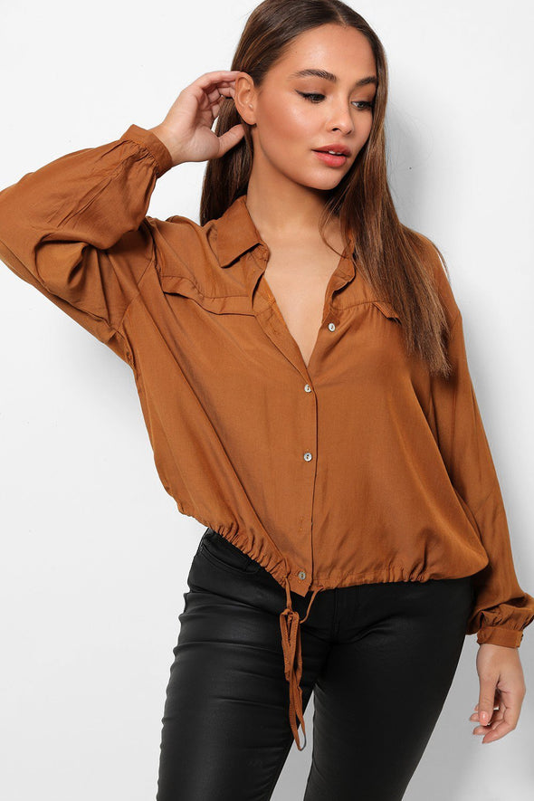 Brown Lightweight Drawstring Hem Crop Shirt