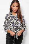 Leopard Print Front Knot Cream Lightweight Shirt