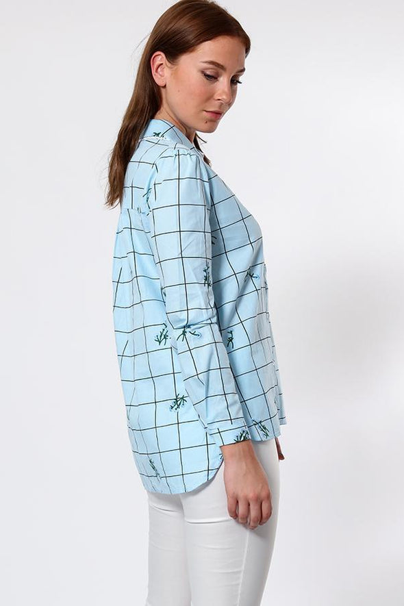 Floral Embroidered Blue Checked Cotton Shirt