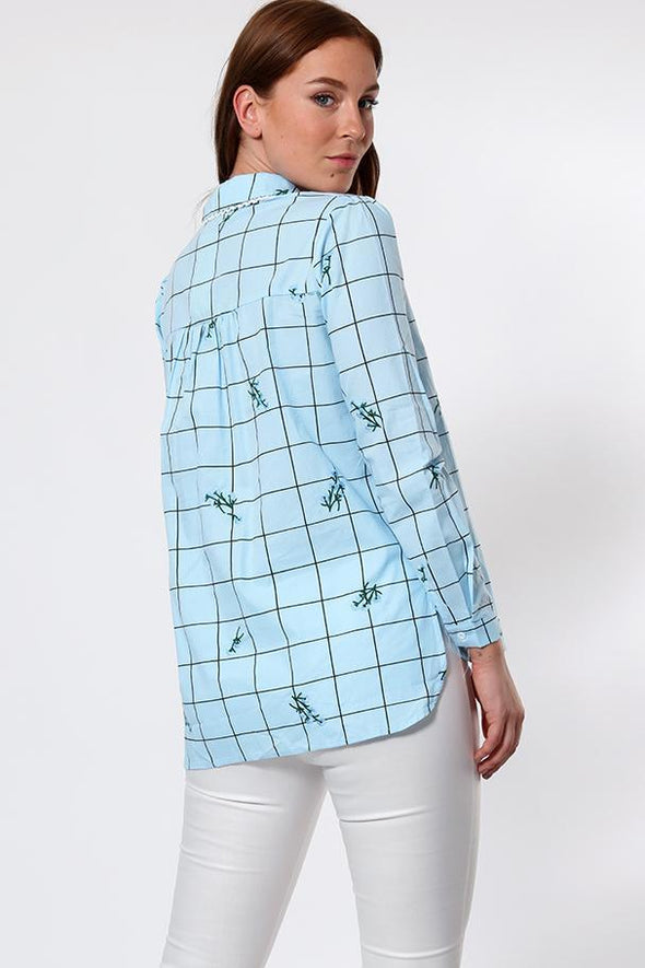 Floral Embroidered Blue Checked Cotton Shirt