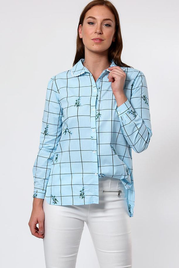 Floral Embroidered Blue Checked Cotton Shirt